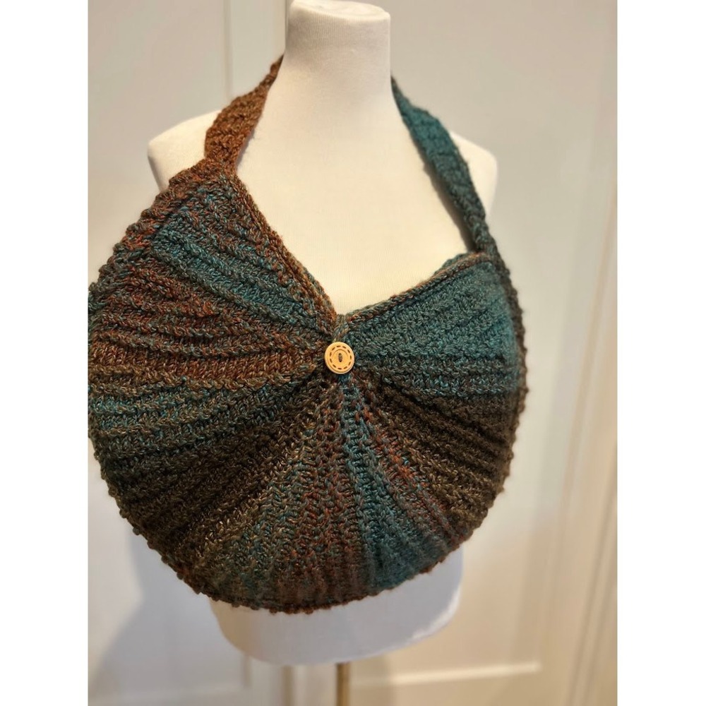 Crocheted Shoulder Bag Boho Artisan‎ Button Detail Teal Brown